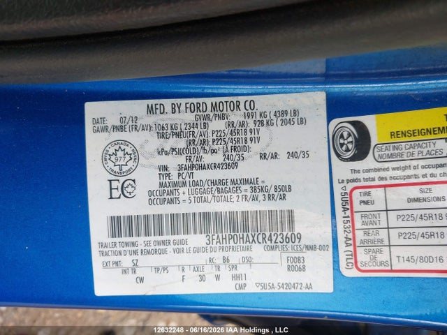 2012 Ford Fusion Se მანქანა იყიდება აუქციონზე, vin: 3FAHP0HAXCR423609, აუქციონის ნომერი: 12632248