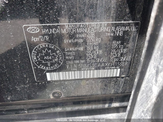 Aukcja sprzedaży 2019 Hyundai Santa Fe Sel/sel Plus, vin: 5NMS3CAAXKH113689, numer aukcji: 12632259