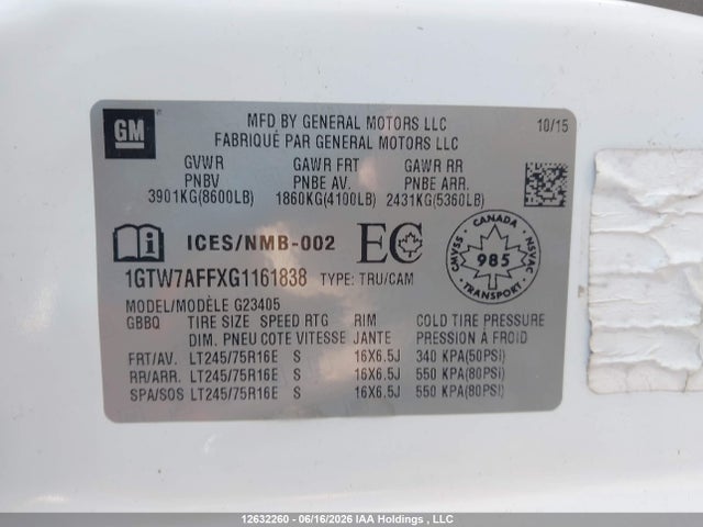 Продаж на аукціоні авто 2016 Gmc Savana G2500, vin: 1GTW7AFFXG1161838, номер лоту: 12632260