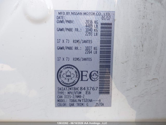2017 Nissan Rogue S/sv მანქანა იყიდება აუქციონზე, vin: 5N1AT2MT8HC843767, აუქციონის ნომერი: 12632262
