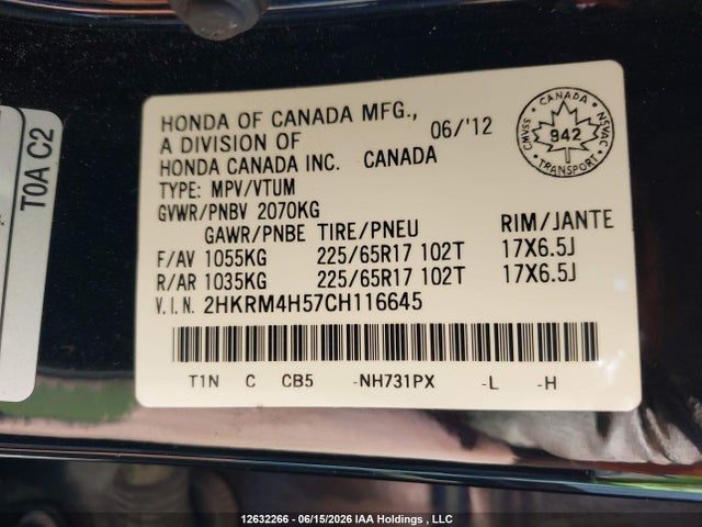 Auction sale of the 2012 Honda Cr-v Ex, vin: 2HKRM4H57CH116645, lot number: 12632266