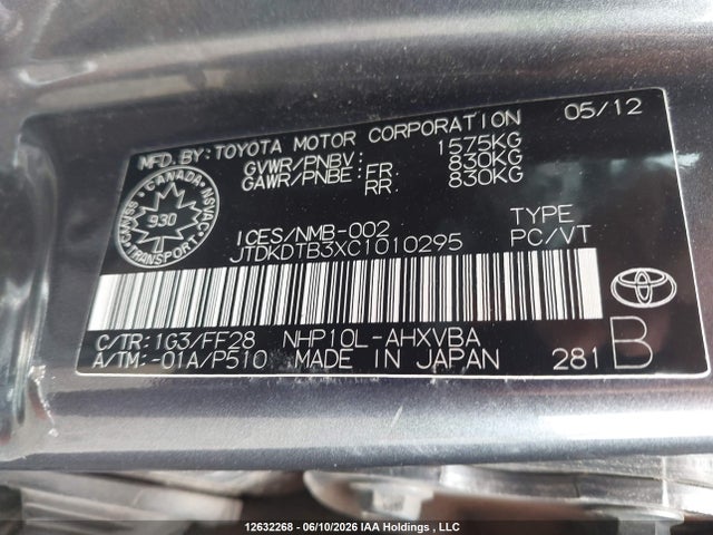 12632268 :رقم المزاد ، JTDKDTB3XC1010295 vin ، 2012 Toyota Prius C Technology مزاد بيع