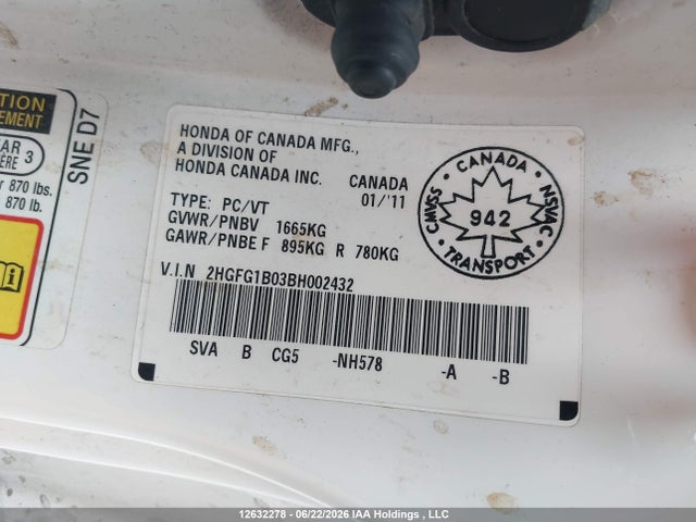 Aukcja sprzedaży 2011 Honda Civic Ex-l, vin: 2HGFG1B03BH002432, numer aukcji: 12632278