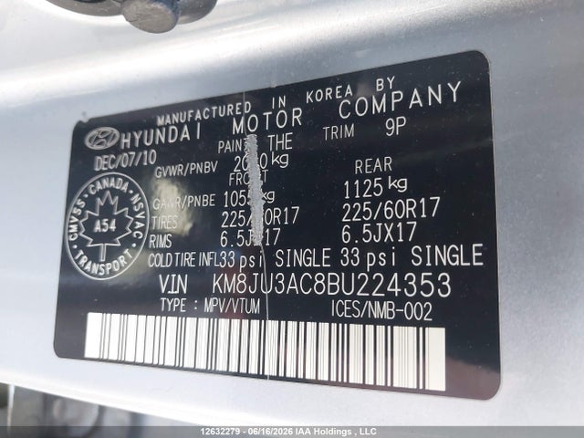 2011 Hyundai Tucson Gls მანქანა იყიდება აუქციონზე, vin: KM8JU3AC8BU224353, აუქციონის ნომერი: 12632279