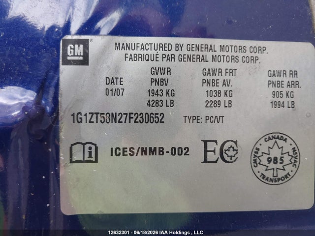 2007 Chevrolet Malibu Lt მანქანა იყიდება აუქციონზე, vin: 1G1ZT58N27F230652, აუქციონის ნომერი: 12632301