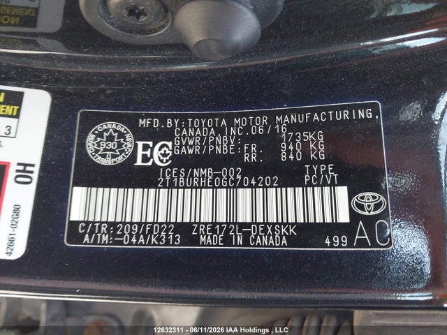 12632311 :رقم المزاد ، 2T1BURHE0GC704202 vin ، 2016 Toyota Corolla L/le/le Pls/prm/s/s Pls مزاد بيع