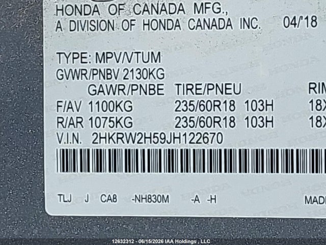 Продаж на аукціоні авто 2018 Honda Cr-v Ex, vin: 2HKRW2H59JH122670, номер лоту: 12632312