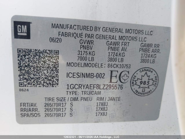Продаж на аукціоні авто 2020 Chevrolet Silverado 1500 Work Truck, vin: 1GCRYAEF8LZ295576, номер лоту: 12632321