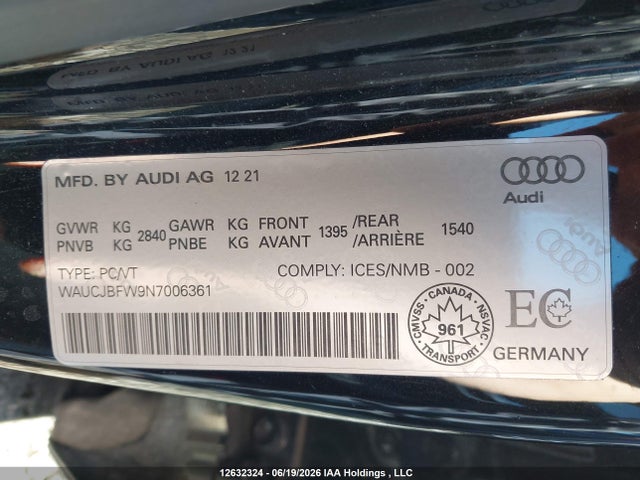 12632324 :رقم المزاد ، WAUCJBFW9N7006361 vin ، 2022 Audi E-tron Gt مزاد بيع