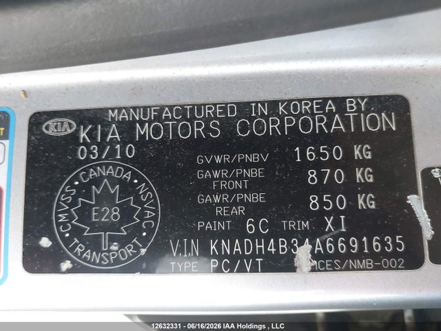12632331 :رقم المزاد ، KNADH4B34A6691635 vin ، 2010 Kia Rio Ex/ex Convenience/ex-convenience مزاد بيع