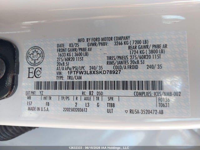 12632333 :رقم المزاد ، 1FTFW3L8XSKD78927 vin ، 2025 Ford F150 Xlt مزاد بيع