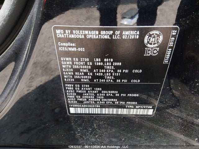 1V2RR2CA2KC543184 Volkswagen Atlas