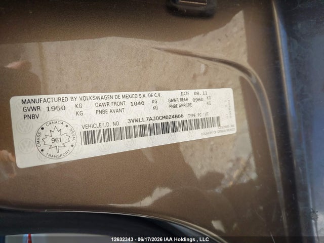 12632343 :رقم المزاد ، 3VWLL7AJ0CM024866 vin ، 2012 Volkswagen Jetta 2.0 Tdi Highline مزاد بيع