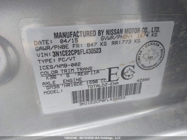 Nissan Versa 2015 3N1CE2CP8FL430523 Image 9