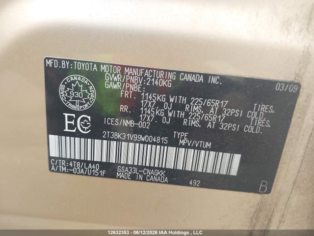 2009 Toyota Rav4 Limited მანქანა იყიდება აუქციონზე, vin: 2T3BK31V99W004815, აუქციონის ნომერი: 12632353