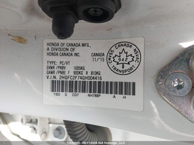 2016 Honda Civic მანქანა იყიდება აუქციონზე, vin: 2HGFC2F74GH004416, აუქციონის ნომერი: 12632365
