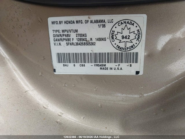 Продаж на аукціоні авто 2006 Honda Odyssey Ex, vin: 5FNRL38426B505362, номер лоту: 12632366
