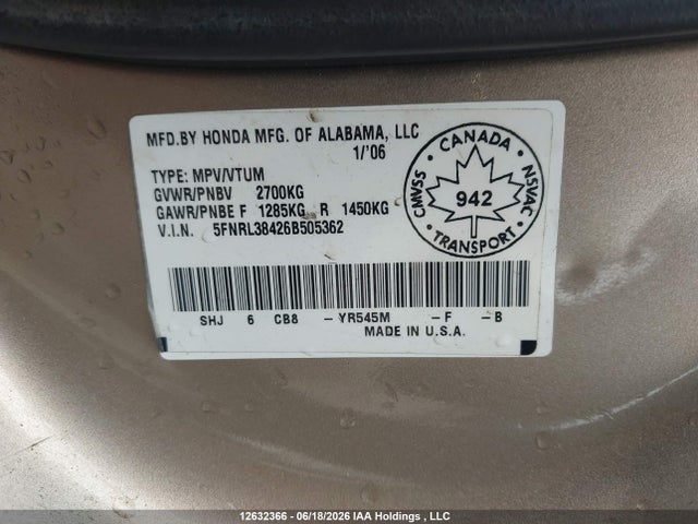 Продаж на аукціоні авто 2006 Honda Odyssey Ex, vin: 5FNRL38426B505362, номер лоту: 12632366
