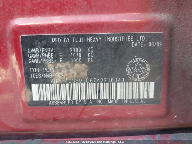 12632373 :رقم المزاد ، 4S3BMJG67A2216141 vin ، 2010 Subaru Legacy 3.6r Premium مزاد بيع