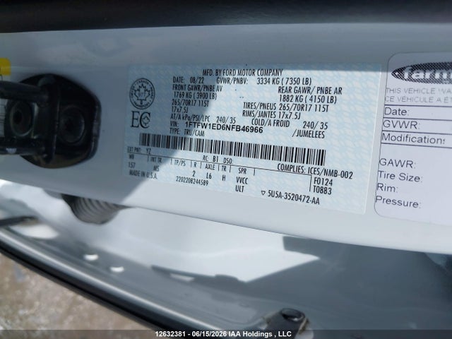 Ford F150 Supercrew 2022 1FTFW1ED6NFB46966 Image 9