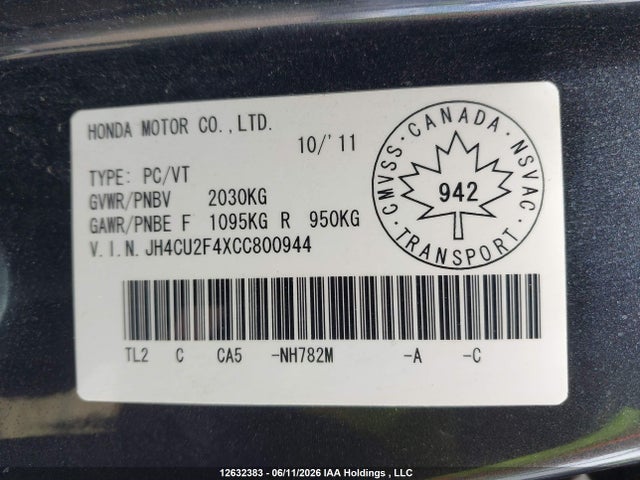 12632383 :رقم المزاد ، JH4CU2F4XCC800944 vin ، 2012 Acura Tsx مزاد بيع