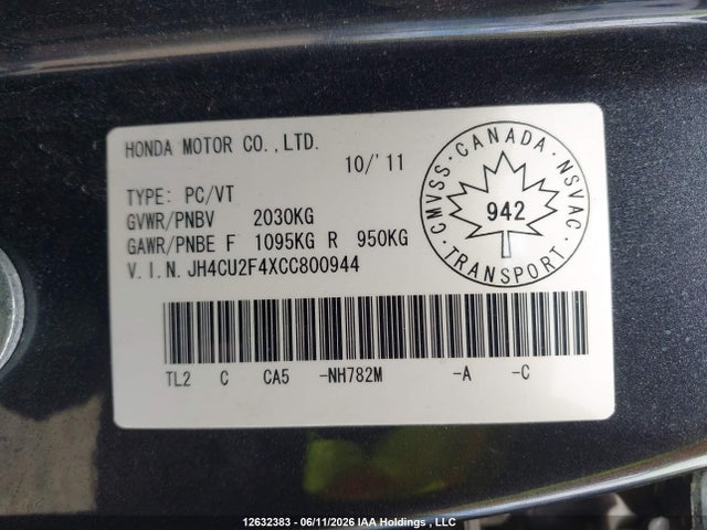 12632383 :رقم المزاد ، JH4CU2F4XCC800944 vin ، 2012 Acura Tsx مزاد بيع