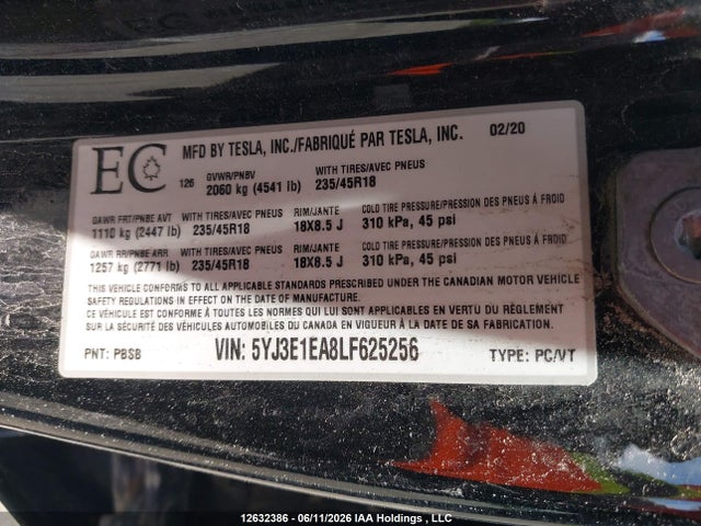Aukcja sprzedaży 2020 Tesla Model 3, vin: 5YJ3E1EA8LF625256, numer aukcji: 12632386