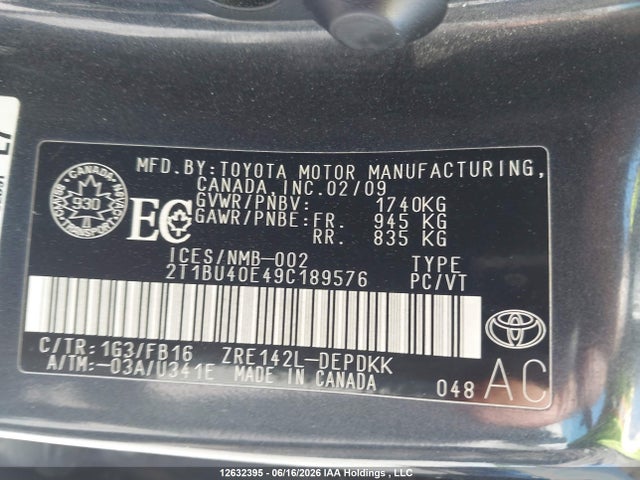 2009 Toyota Corolla S/le/xle მანქანა იყიდება აუქციონზე, vin: 2T1BU40E49C189576, აუქციონის ნომერი: 12632395