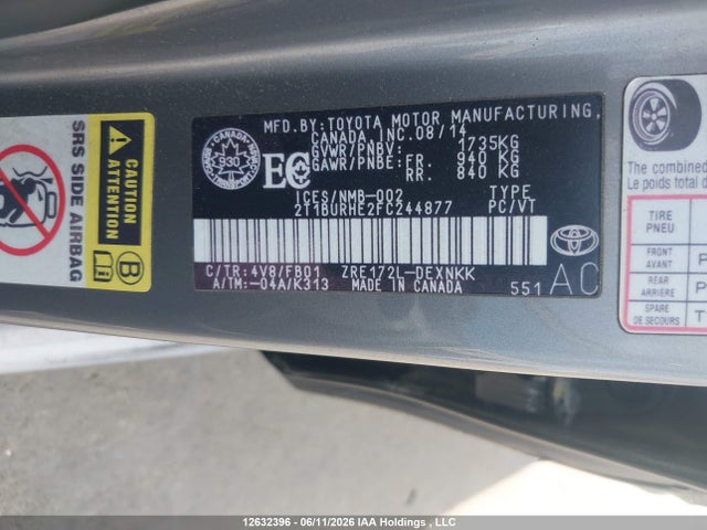 2T1BURHE2FC244877 Toyota Corolla L/le/le Pls/prm/s/s Pls