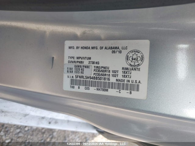 Aukcja sprzedaży 2011 Honda Odyssey Touring, vin: 5FNRL5H94BB501816, numer aukcji: 12632399