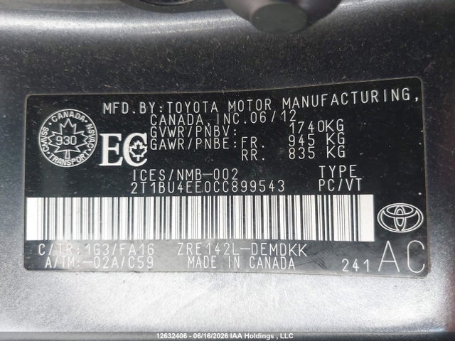 Продаж на аукціоні авто 2012 Toyota Corolla, vin: 2T1BU4EE0CC899543, номер лоту: 12632406