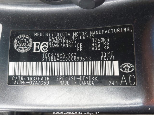 Продаж на аукціоні авто 2012 Toyota Corolla, vin: 2T1BU4EE0CC899543, номер лоту: 12632406