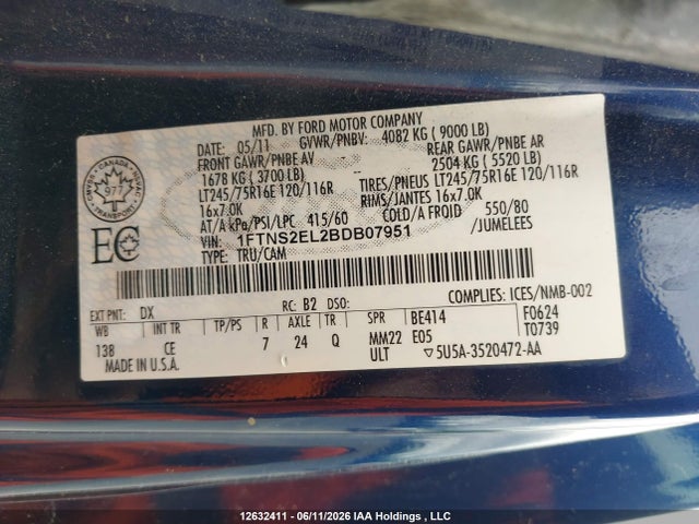 12632411 :رقم المزاد ، 1FTNS2EL2BDB07951 vin ، 2011 Ford Econoline E250 Van مزاد بيع
