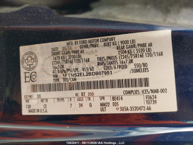 12632411 :رقم المزاد ، 1FTNS2EL2BDB07951 vin ، 2011 Ford Econoline E250 Van مزاد بيع