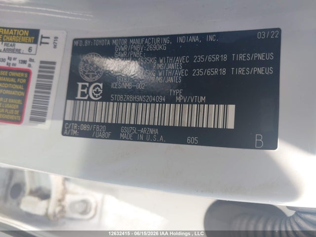 12632415 :رقم المزاد ، 5TDBZRBH9NS204094 vin ، 2022 Toyota Highlander مزاد بيع