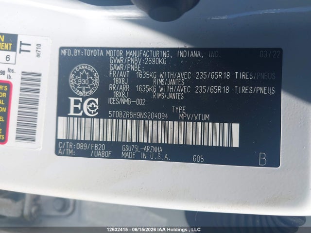 12632415 :رقم المزاد ، 5TDBZRBH9NS204094 vin ، 2022 Toyota Highlander مزاد بيع