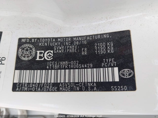 2017 Toyota Camry Le მანქანა იყიდება აუქციონზე, vin: 4T1BF1FK1HU654429, აუქციონის ნომერი: 12632423