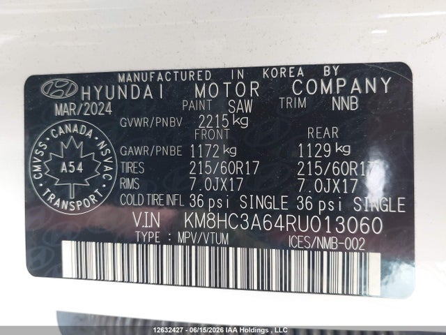 12632427 :رقم المزاد ، KM8HC3A64RU013060 vin ، 2024 Hyundai Kona Sel مزاد بيع