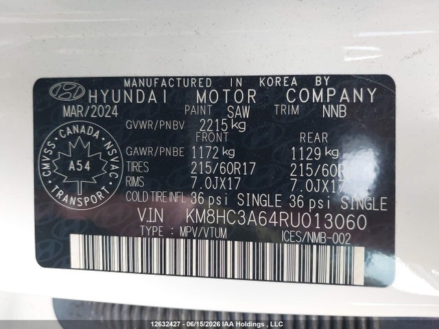 12632427 :رقم المزاد ، KM8HC3A64RU013060 vin ، 2024 Hyundai Kona Sel مزاد بيع