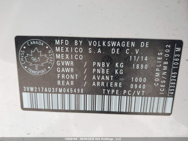 2015 Volkswagen Golf 1.8 Tsi Comfortline/1.8 Tsi Highline/1.8 Tsi Trendline მანქანა იყიდება აუქციონზე, vin: 3VW217AU3FM045498, აუქციონის ნომერი: 12629184