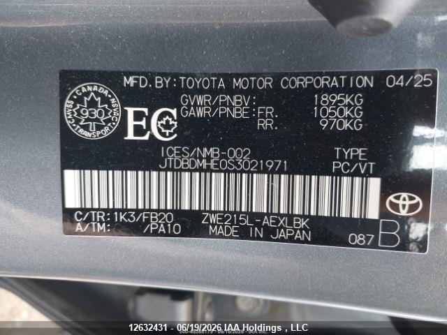 Aukcja sprzedaży 2025 Toyota Corolla Hybrid Le, vin: JTDBDMHE0S3021971, numer aukcji: 12632431