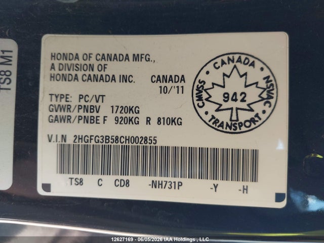 2012 Honda Civic Ex მანქანა იყიდება აუქციონზე, vin: 2HGFG3B58CH002855, აუქციონის ნომერი: 12627169