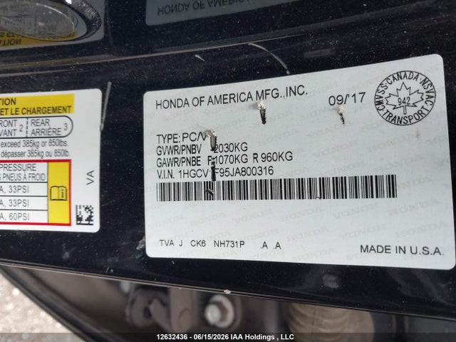 Auction sale of the 2018 Honda Accord Touring, vin: 1HGCV1F95JA800316, lot number: 12632436