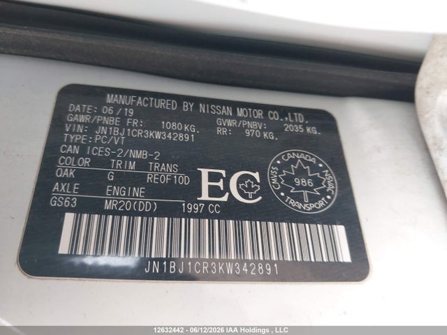 Aukcja sprzedaży 2019 Nissan Qashqai S/sl/sv, vin: JN1BJ1CR3KW342891, numer aukcji: 12632442