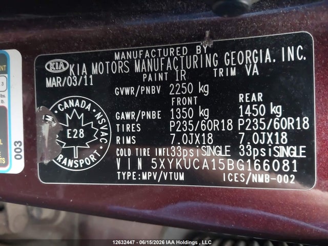 Aukcja sprzedaży 2011 Kia Sorento Ex, vin: 5XYKUCA15BG166081, numer aukcji: 12632447