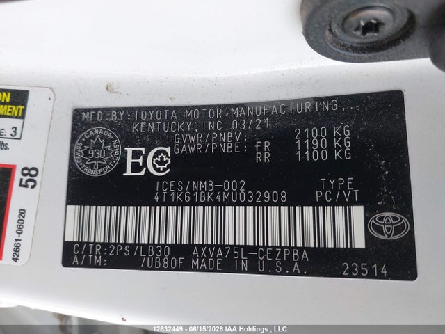 2021 Toyota Camry Xse მანქანა იყიდება აუქციონზე, vin: 4T1K61BK4MU032908, აუქციონის ნომერი: 12632449