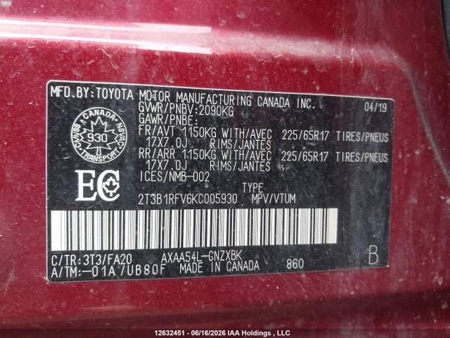 2019 Toyota Rav4 Le მანქანა იყიდება აუქციონზე, vin: 2T3B1RFV6KC005930, აუქციონის ნომერი: 12632451