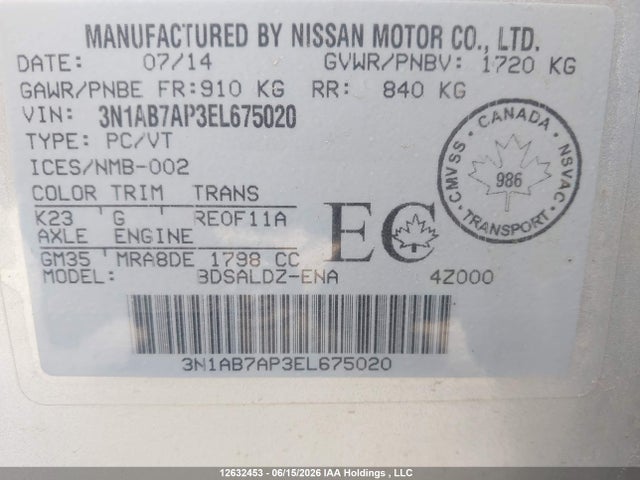Продажа на аукционе авто 2014 Nissan Sentra S/sv/sr/sl, vin: 3N1AB7AP3EL675020, номер лота: 12632453