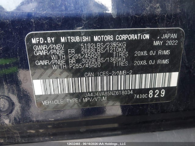 JA4J4VA85NZ618034 Mitsubishi Outlander Gt/gt Premium