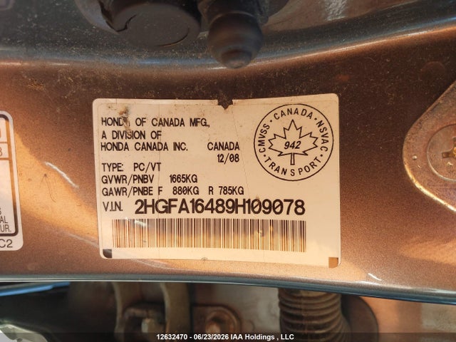 2009 Honda Civic Dx-g მანქანა იყიდება აუქციონზე, vin: 2HGFA16489H109078, აუქციონის ნომერი: 12632470